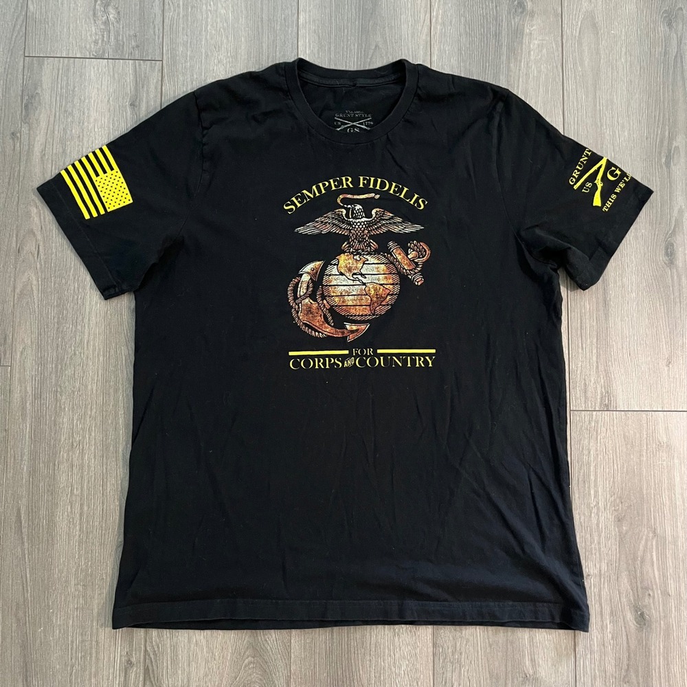 Grunt Style Men Black Semper Fidelis USMC Graphic T-Shirt XL Made in USA Cotton